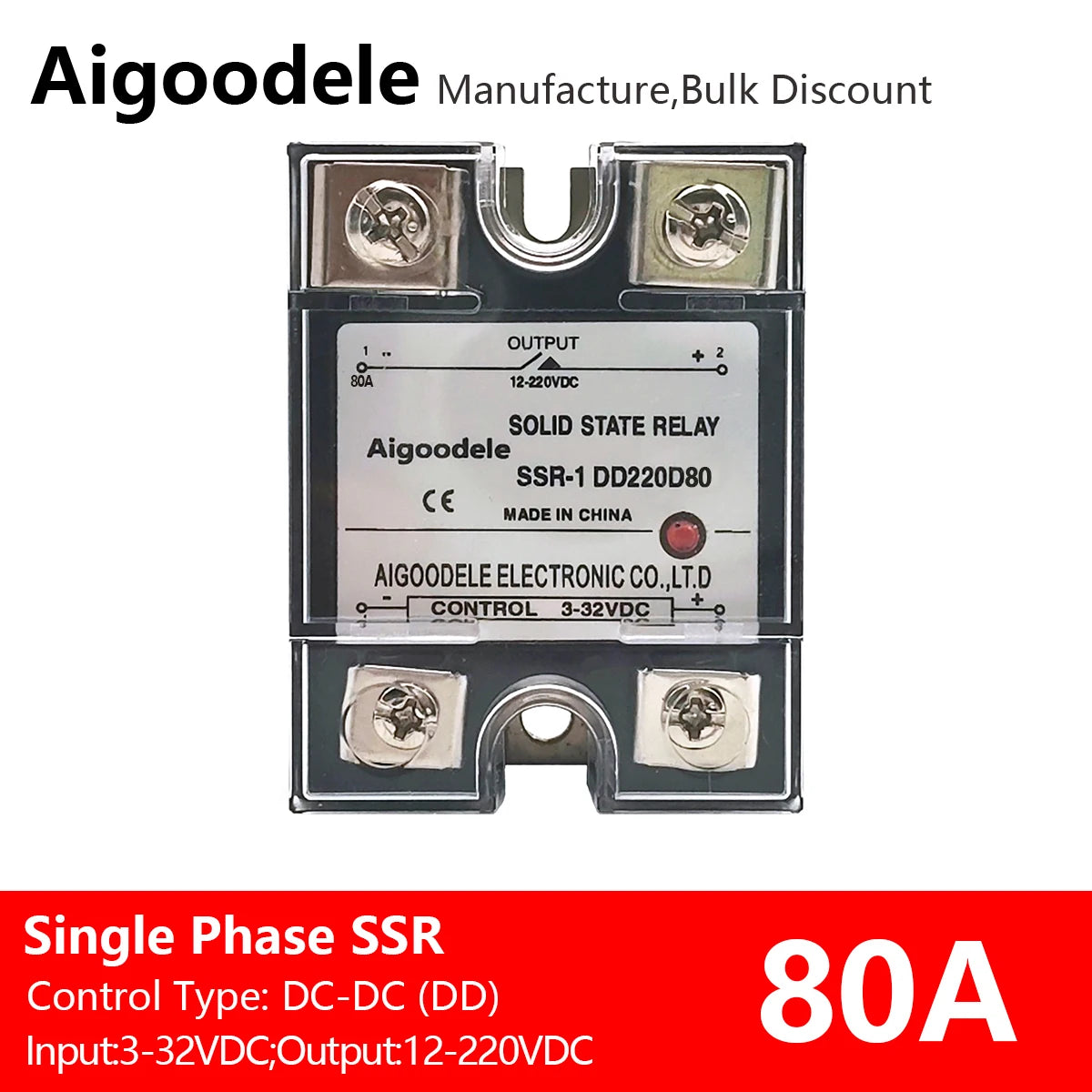 DC-DC SSR 80A 1-Phase Solid State Relay, Input DC 3-32V, Output DC 12-220V