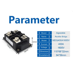 400A Bridge Rectifier Module 1-Phase 1600V Diode Metal Case