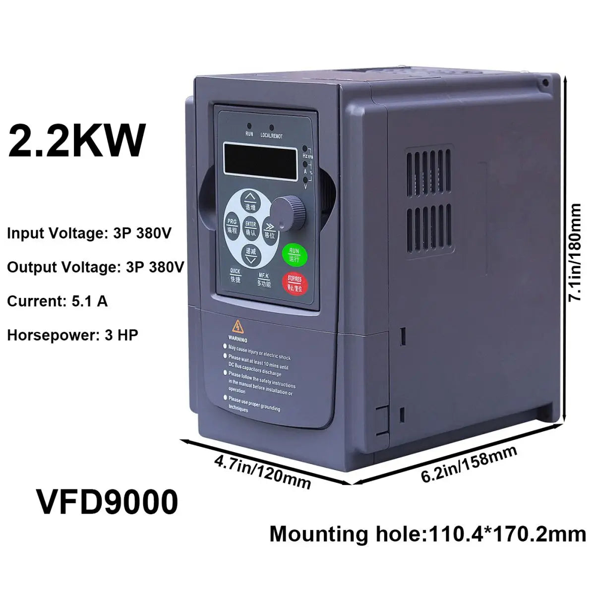 2.2kW Variable Frequency Drive VFD 3HP 5.1A, Input 3-phase 380V, Output 3-phase 380V