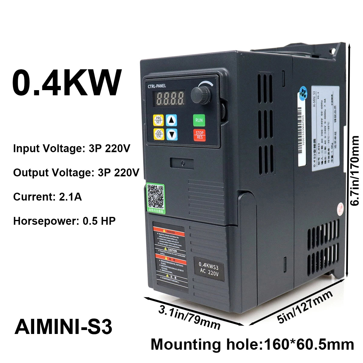 0.4kW VFD Variable Frequency Drive 2.1A 0.5HP, Input 220V 3-phase, Output 220V 3-phase