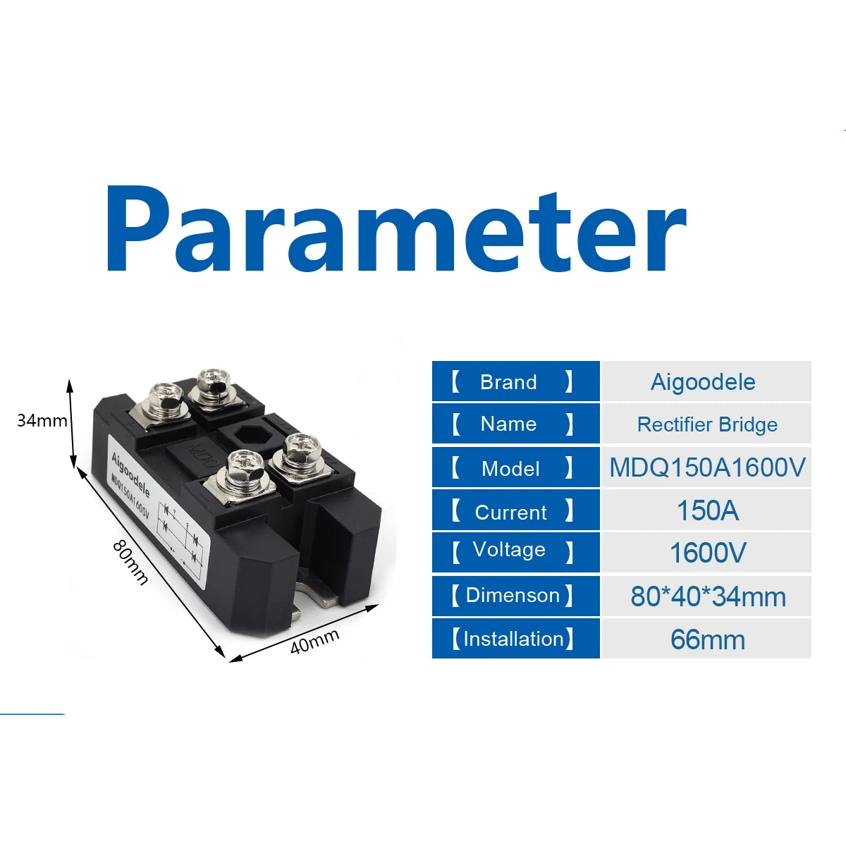 150A Bridge Rectifier Module Single-Phase 1600V Diode Durable Metal Case