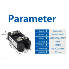 150A Bridge Rectifier Module Single-Phase 1600V Diode Durable Metal Case