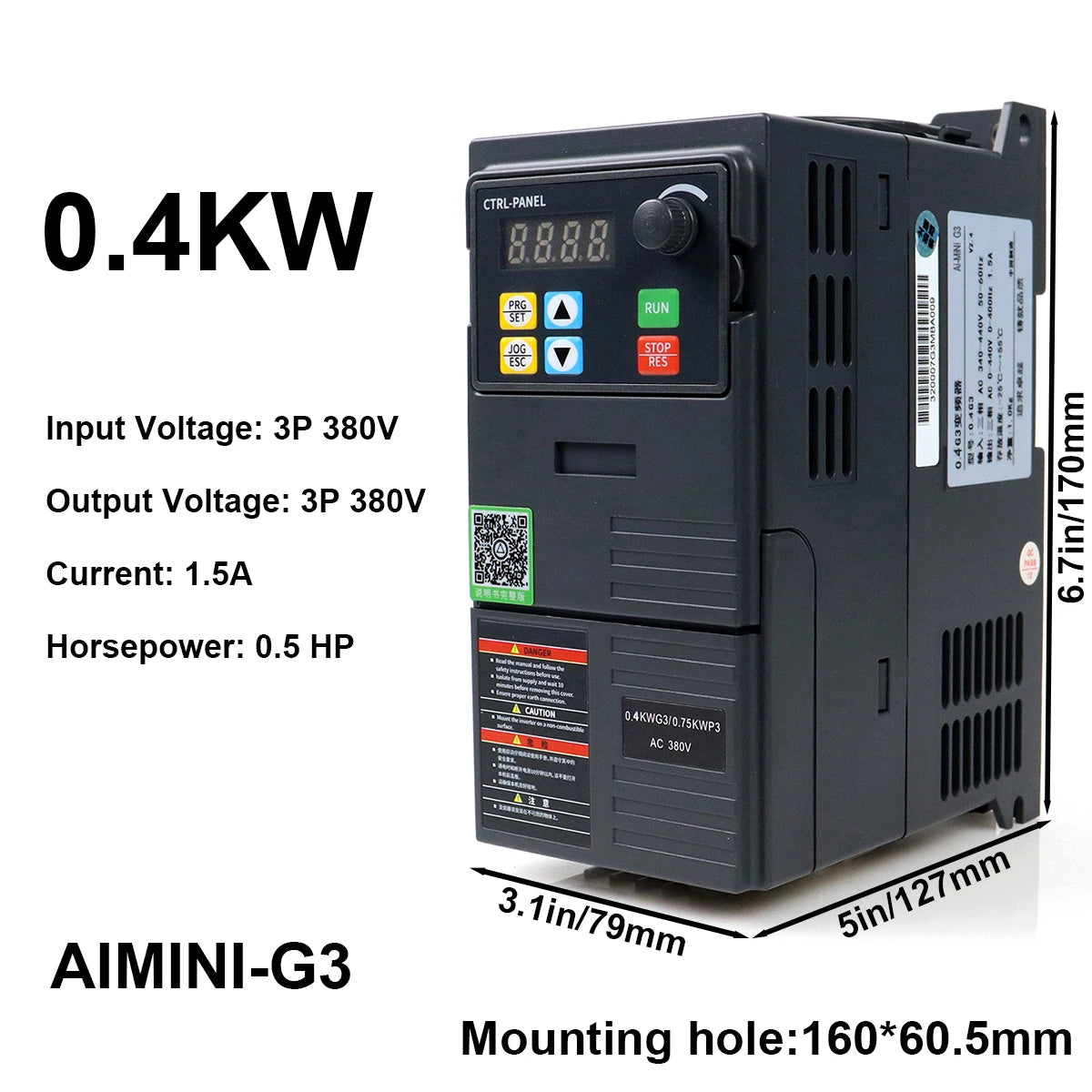 0.4kW VFD Variable Frequency Drive 1.5A 0.5HP, Input 380V 3-phase, Output 380V 3-phase