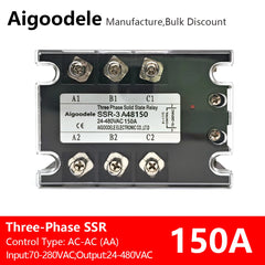 AC-AC SSR 150A 3-Phase Solid State Relay, Input AC 70-280V, Output AC 24-480V