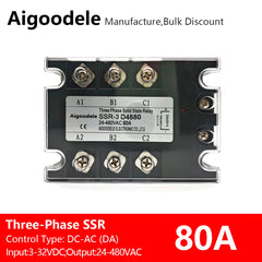 DC-AC SSR 80A 3-Phase Solid State Relay, Input DC 3-32V, Output AC 24-480V